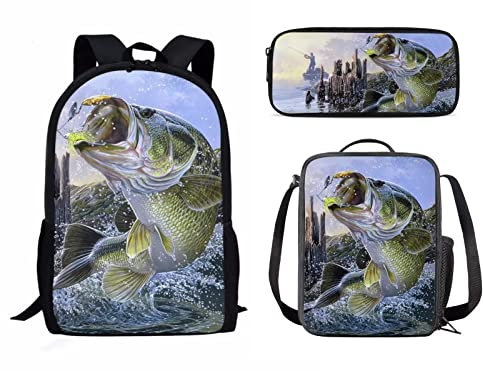 Belidome Kinder Schulrucksack Lunchtasche Federmäppchen für Jungen Mädchen Langlebig Groß, Tier Barsch Fisch, Einheitsgröße, Schulranzen-Set