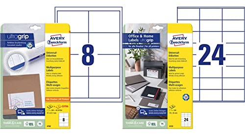 AVERY Zweckform 4782 Universal Etiketten, 30 Blatt, weiß & 6122 Adressaufkleber (240 Klebeetiketten, 70x36 mm auf A4, bedruckbare Absenderetiketten, selbstklebende Adressetiketten) 10 Blatt, weiß