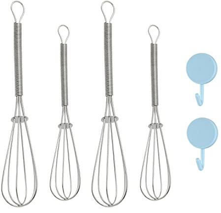 Juego de 4 batidores de huevos de acero inoxidable con 2 ganchos, agitador de plumas, batidor de cocina, batidor de espuma con mango de acero inoxidable para batir masa, huevos (plata)