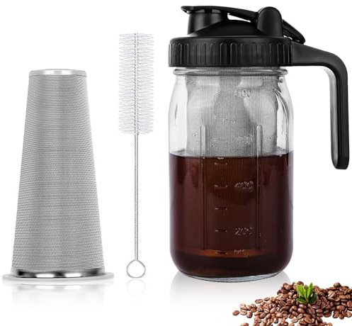 QHH Cafetera fría de 32 onzas, jarra de infusión fría con filtro súper denso de acero inoxidable, vidrio duradero, tarro Mason resistente sin BPA, para café helado, limonada, recipiente de bebidas de