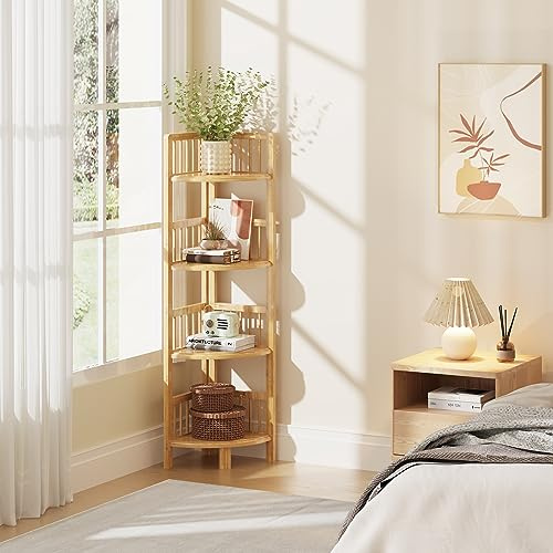 Dripex Eckregal stehend, Standregal aus Bambus, Bücherregal 4 Ablagen, 104x30x30cm, Lagerregal für Badezimmer, Wohnzimmer, Küche, Balkon