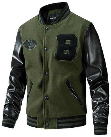 Duohropke Warm Zweifarbig Bomberjacke Herren Winter College Jacke Herren Football College Jacke Herren Oldschool College Jacke Herren College Jacke Herren Lederärmel Kunstleder Bomberjacke