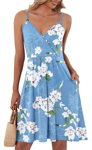 AUSELILY Vestidos Mujer Casual con Tirantes Cuello en V para Mujer Vestido Informal Mujer Hay Dos Bolsillos S Flor Azul Claro