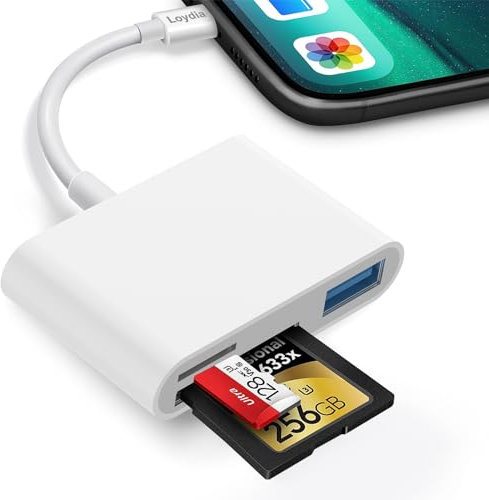 Loydia Lettore di Schede SD per iPhone iPad, Adattatore per Schede SD 3 in 1 con porta USB, Lettore di Schede per Fotocamera supporta SD/Micro SD/Micro SDXC/SDHC/SDXC/MMC, Plug and Play