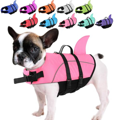 Queenmore Adjustable Dog Life Jacket, XS Shark Pet Life Vest, Ripstop Swimming Vest, Safety Lifesaver With Rescue Handle for Boating, Puppy Life Jacket For Small Breeds Chihuahua