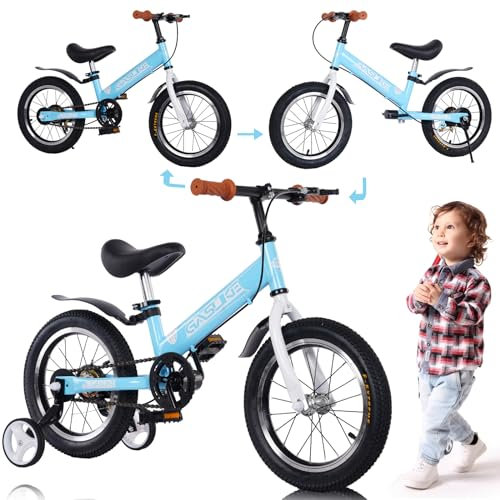 GHBXJX 3 in 1 Laufrad ab 3 Jahre mit Fußstützen,Bremse Kinderfahrrad ab 3 4 5 6 7 Jahre, Laufrad 14 Zoll Mädchen Junge, Kinder Fahrrad mit Stützräder und Seitenständer, Höhenverstellbar,Blau