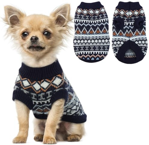 Hjumarayan Hundepullover für kleine Hunde – Boho Strickpullover warm & dick für kalte Wintertage | weich & elastisch | mit Geschirröffnung | leicht anzuziehen | Zwergspitz (Marineblau S)