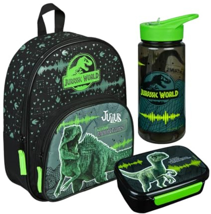 Undercover Mochila infantil con diseño de dinosaurios T-Rex para niños, personalizable con nombre, con bolsillo delantero, 2 compartimentos, 25 x 31 x 10 cm, Set 1 Dinosaurio Verde