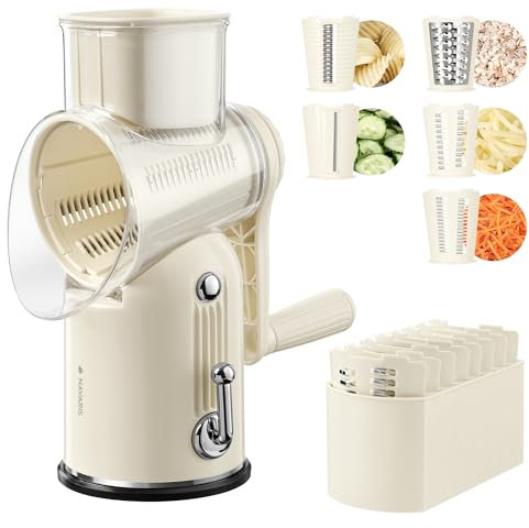 Navaris Cortador de Verdura Tambor - Rallador de Queso Estilo Retro con 5 Cuchillas - Ralladores de Cocina para Queso Verduras Fruta - Cortador Verduras para Lavavajillas - Crema