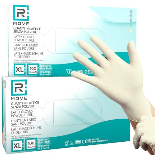 R MOVE 200 Guanti in Lattice monouso 5,7gr senza polvere, alta sensibilità sia al tatto che al palmo, guanti usa e getta in lattice, 2 scatole da 100 guanti, dispostivo medico (200, XL)