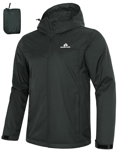 Pioneer Camp Regnjacka för män, vattentät, ventilerande, lätt, vindtät, vindjacka, packbar, utomhusjacka med dragkedja, fickor och huva, Mörkgrå, S