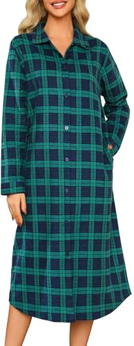 MIA LUCCE Nattlinne dam långärmad flanell nattlinne med knappslå sovskjorta dam flanell sova loungewear, Blått grönt rutnät, XL