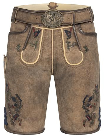 Krüger Herren Trachten Lederhose kurz, Modell: Lederhose Emil mit Gürtel, Knielang, Art.-Nr. 962268-0-0007, 46,