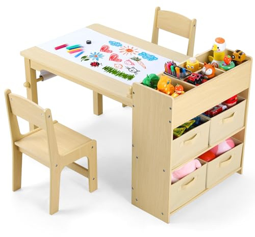 Clevich Mesa Infantil con 2 sillas, Mesa Infantil con Espacio de Almacenamiento, Juego de Mesa para niños, Mesa de Pintura de Madera, Escritorio con Rollo de Papel y 4 Cajas de Almacenamiento, Grupo