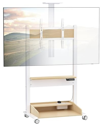 DQ WALL-SUPPORT Zelos mobiler elektrischer TV Ständer, rollbar, Höhe 160cm Mitte VESA max 600x400cm 37-86 Zoll 70 kg, Steckerleiste USB Anschluss weiß