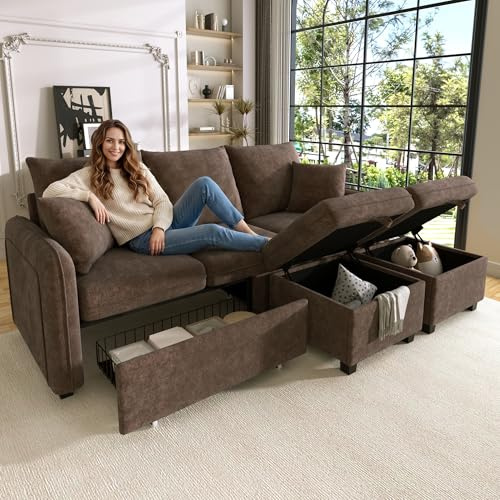 Merax Multifunktionales Ecksofa, 3-Sitzer Polster-Sofa mit Schlaffunktion, mit 2 Staufunktion Hocker, mit 2 Schubladen, modular zerlegbar, Cord-Stoff, für kleine Wohnungen, Antikbraun