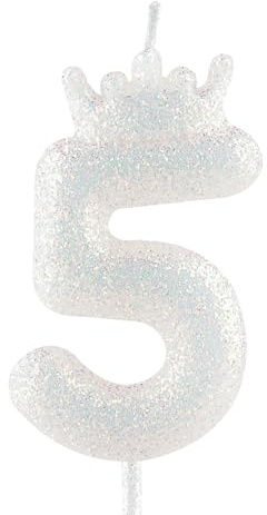 Glitzernde weiße Krone Geburtstagskerze, 5. glitzernde weiße Geburtstagskerze mit Zahl für Tortenverzierungen für Mädchen, Themenparty, Hochzeitstag, Feierlichkeiten
