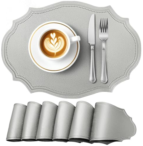 fanquare Lot de 6 Sets de Table en Similicuir, ovales essuyables résistants à la Chaleur avec Bords antidérapants, décor imperméable pour Repas, Idéal pour Maison et Restaurant, Gris