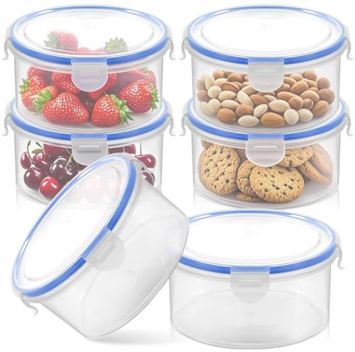 6 Pack 300ml Round Food Containers with Clip Lock Lids, Reusable Plastic Snack Pots, Leakproof Stackable Container Set, Small Airtight Kitchen Storage Boxes for Fruit, Yoghurt, Lunch, Freezer Safe