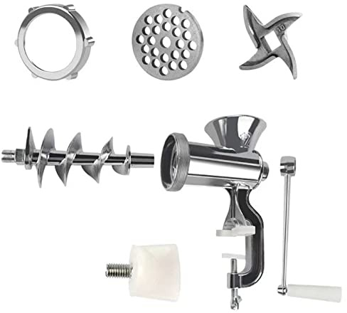 Manual Meat Grinder, Hand-Crank Meat Drinder Heavy Duty, Silver | Stainless Steel Aluminum Hand Crank Meat Drinder with Multiple Attachments for Vegetables,Making Sausage, Easy to Use