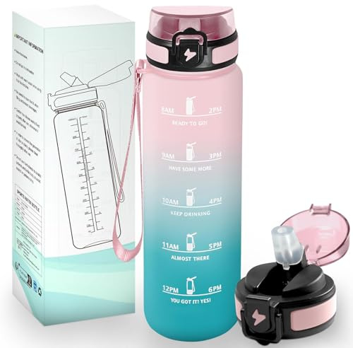 HoneyHolly Trinkflasche 1L, BPA-Frei, Trinkflasche Kohlensäure Geeignet, Wasserflasche Auslaufsicher, Sportflasche mit Strohhalm, Wasserflasche Sport für Fahrrad, Fitness, Laufen, Wandern