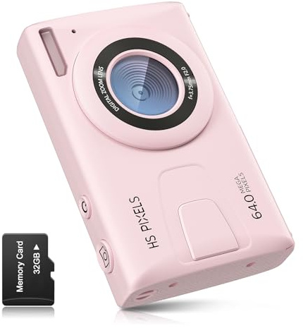 Digitalkamera CCN, 64MP 1080P FHD Fotokamera mit 3,0 Zoll Bildschirm, 18X Digitalzoom Tragbar Kompaktkamera mit 32GB TF-Karte, USB-Kabel, für Teenager Erwachsene Anfänger, Rosa