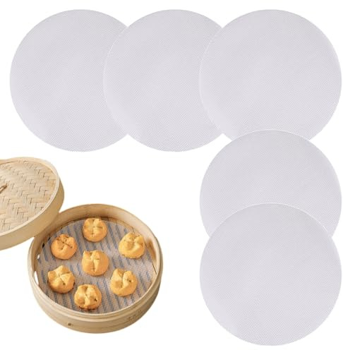 5 Pack 8 Round Silicone Steamer Liners Non-Stick Reusable Mesh Mats | Perforated design ensures even steam distribution;flexible snug fit,easy to clean, ideal for dumplings,buns&steamed dishes
