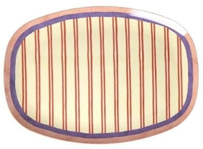 ReWu RICE Melamin Servierplatte oval 30x22 cm – Crème Streifen Design mit farbigem Rand – leichter Servierteller für Snacks, Kuchen & Brunch – robust & ideal für Outdoor/Picknick – max. 70°C