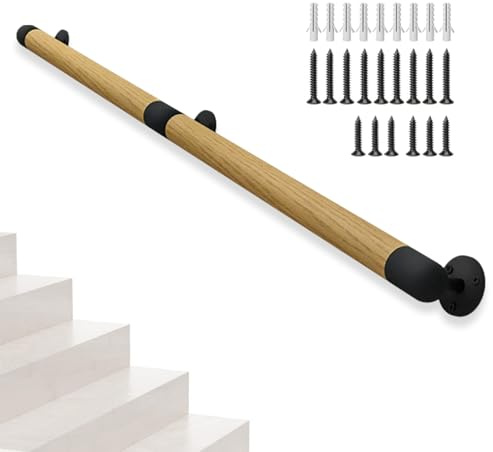 Caossuixin 120cm Wooden Handrails for Stairs, Indoor Handrail with Brackets, Wall Mounted Stair Rail, Non-Slip Safety Banister Rail for Elderly, Children, Disable People(1.5 Inch Round)
