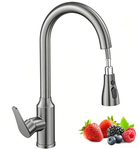 Kitchen Mixer Tap with Pull Out Sprayer, 3 Spray Modes, High Arc 360° Swivel Sink Tap, Gunmetal Grey Stainless Steel Tap with Extendable Hose for Farmhouse, RV, Laundry, Bar, Camper & Commercial Use