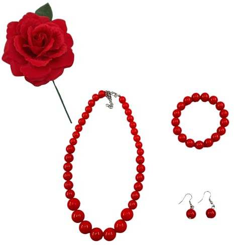 Accesorios flamenca mujer feria, bisutería perlas de plástico, rosa para pelo pinza garra, clip coletero broche, sevillanas romería baile español (Rojo Flor Roja, Pack con Flor de palo)