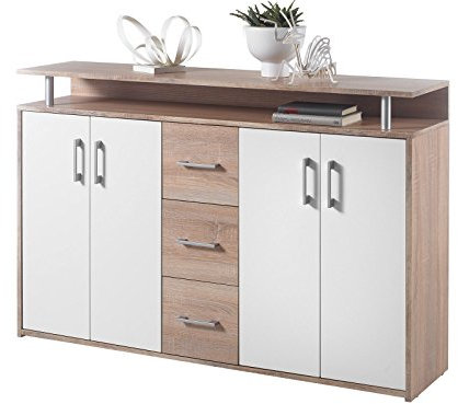 möbelando Highboard Anrichte Standschrank Sideboard Kommode Beistellschrank Flur Delia I Sonoma-Eiche hell/Weiß
