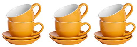Argon Tableware Yellow Cappuccino Cups with Saucers - Set of 6-250ml Dishwasher Safe Gloss Stoneware Cappuccino Cups and Saucer Set Coffee Mugs with Handle and Grooved Plate