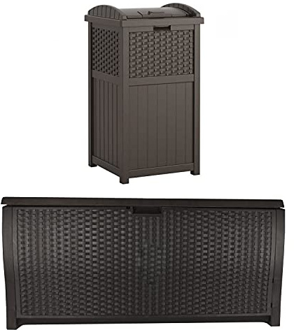 Suncast 33 Gal Hideaway Plastic Outdoor Backyard Garbage Can with Secure Lid, Brown and 99 Gallon Resin Wicker Outdoor Patio Storage Deck Box, Mocha