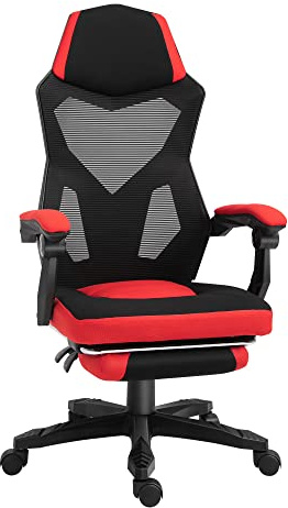 Vinsetto Silla Gaming Giratoria de Malla con Reposapiés Retráctil Rojo | Silla Gamer Adulto, Respaldo Reclinable y Alto, Altura Ajustable, Reposabrazos Acolchados