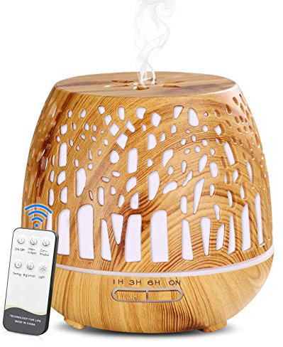 Simpeak Aroma Diffuser 400ml, Ultraschall Raum Diffuser Holz für ätherische Öle, Aromatherapie Düfte Luftbefeuchter mit Fernbedienung - Geschnitztes Wald, Hellbraun