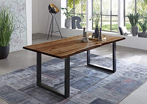 junado Baumkantentisch 160x85 cm Indira, nussbaumfarbig, Esszimmertisch aus Akazie, Holz-Tisch mit schwarz lackierten Beinen