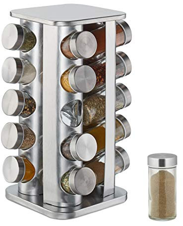Relaxdays Gewürzkarussell mit 20 Gewürzgläsern, 360° drehbar, Edelstahl, Glas, Gewürzregal HxD 34 x 19 cm, eckig, silber, 10032728
