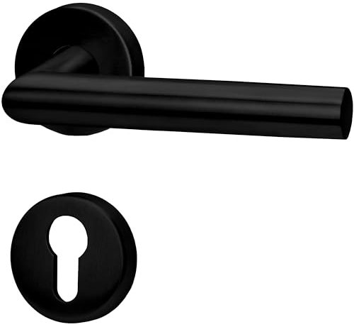 lockzz Türgriff Drückergarnitur Würzburg-II, Edelstahl schwarz matt, Türbeschlag für Wohnungseingangstüren beidseitig Drücker, Rund-Rosette, L-Form, PZ - Profilzylinder