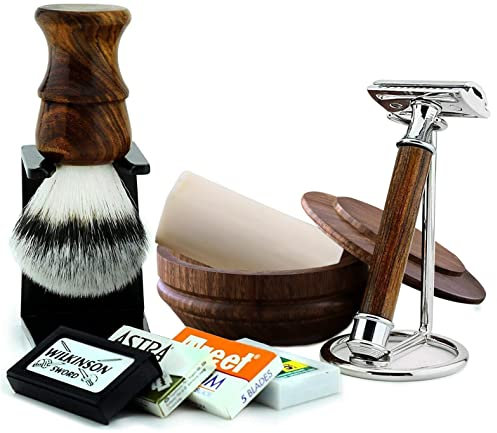 Haryali London Rasierset - 7-teiliges Nachhaltige Rasierset mit Rasierpinsel - Doppelkante Rasierhobel - Synthetikhaar Rasierpinsel - Rasierständer für Rasierhobel Pinsel - Rasierschale - Rasierseife