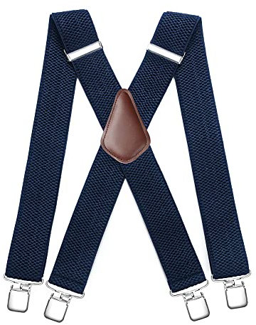 HISDERN Men's Braces with Very Strong 4 Clips Navy Blue 50 MM Wide Heavy Duty Suspenders X Style Adjustable Elastic Suspender