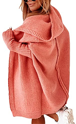 Onsoyours Femme Hiver Cardigan Long Tricot Veste Ouvert Épais Manches Longues Pull Gilet Chaud Capuche Manteau Sweater Chandail Outwear Orange XL