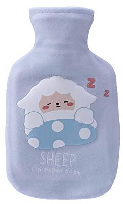 Uteruik Wärmflasche aus Naturkautschuk mit Schaf-Aufdruck, weicher Fleece-Bezug, 350 ml (#D)