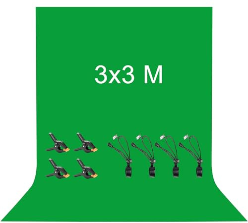Vevelux Fondo de Fotografía de 3x3M Fondo Fotográfico de 100% Poliéster | con 8 Pinzas Grandes de Estudio, Pantalla Verde para Fotografía, Video, Estudio, Cine, Televisión