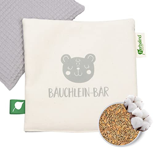 Herbalind Duftendes Bio Wärmekissen für Baby & Kinder - Bäuchlein Bär - Körnerkissen Kräuterkissen mit Kräutermischung, 100% Baumwolle, 19x19 cm als Geschenke Geburt