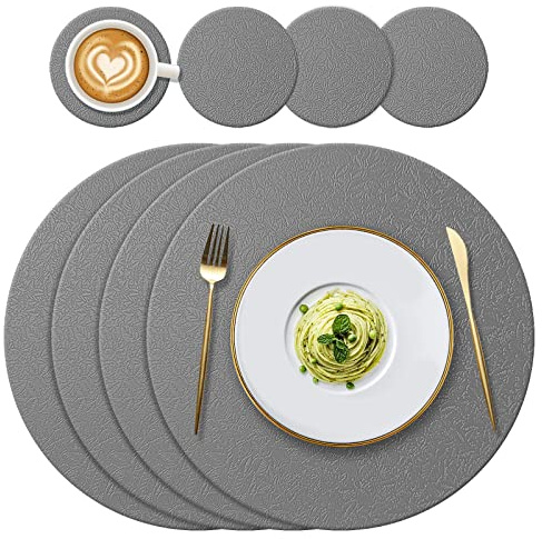 YUNJUER 4 Runde Silikon Tischsets + 4 Untersetzer Set, Hitzebeständige 232.2 °C Platzsets, rutschfest und waschbar, Dekorationszubehör für Zuhause, Hotel, Esstisch, Drinnen, Draußen, (Dunkelgrau)