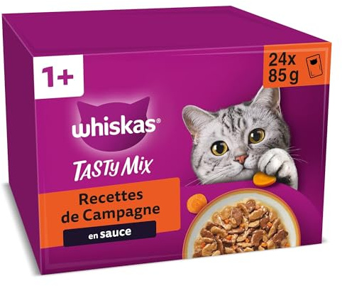WHISKAS TASTY MIX Aliment humide Sauce Chat adulte 24x85g Recette Fermière (Lot de 2) 48 Sachets