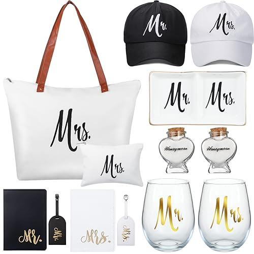 Bonuci 13 Pcs Wedding Mr and Mrs Gifts Set Include Bride and Groom Hats, Stemless Wine Glasses, Passport Holder Luggage Tags, Mrs Canvas Tote Bag with Makeup Bag, Ring Dish Heart Shape Glass Jar Gifts