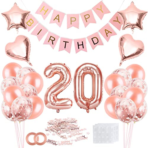 Bluelves 20 Jahre Geburtstag Frau Rosegold - Luftballon, Happy Birthday Banner, Konfetti - Geburtstagsdeko