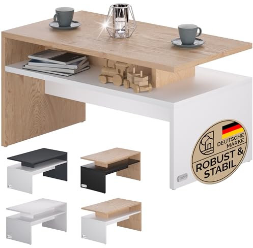 Casaria® Couchtisch Holz Weiß Eiche mit Stauraum 95x55x50cm Wohnzimmertisch Modern Kratzfest 50kg Belastbar Wohnzimmer Beistelltisch für Couch Sofa
